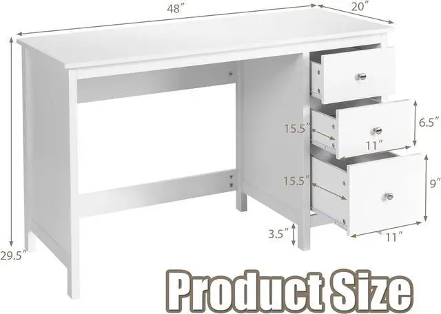 Alt view image 3 of 7 - White Computer Desk with Drawers, 48 x 20 x 29.5 Home Office Computer Workstation, Modern Executive Desks, Teens Writing Study Table Laptop Desk for Bedroom, Study, Small Space (White)