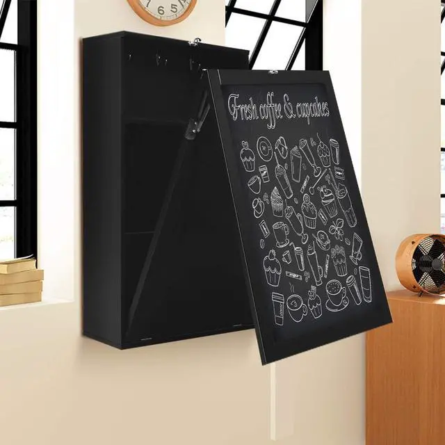 Alt view image 5 of 7 - Tangkula Folding Wall Mounted Desk, Floating Desk with Chalkboard, Space Saving Fold Up Desk Wall Mounted Convertible Desk, Wall Mounted Table with Storage Shelves & Hooks (Black)
