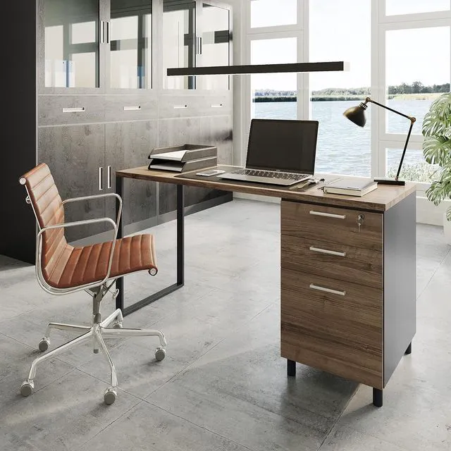 Alt view image 2 of 7 - Modern Design Milano Office Computer Desk with 3 Locking Drawers, 48 Inch Walnut and Black Industrial Wood Desk with Filing Drawer and Storage By Crafts and Comfort