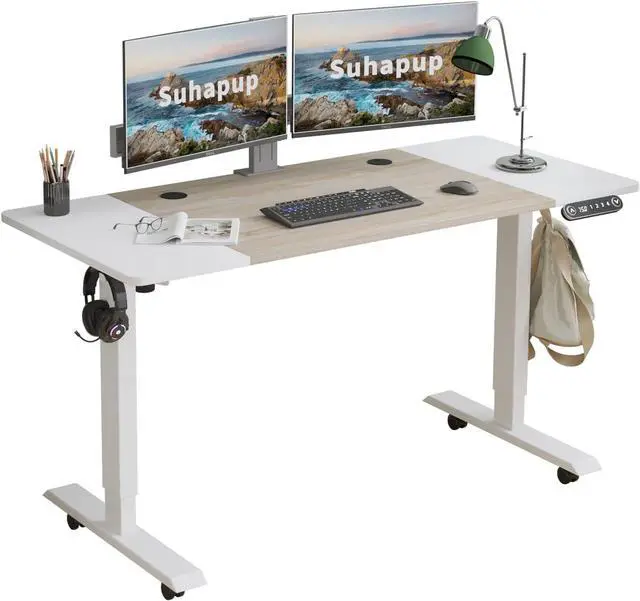 Main image of Suhapup Electric Height Adjustable Standing Desk, 55 x 24 inches Sit - Stand Desk for Work or Home Office Push Button Memory Settings Oak+White Splice Board/White Frame