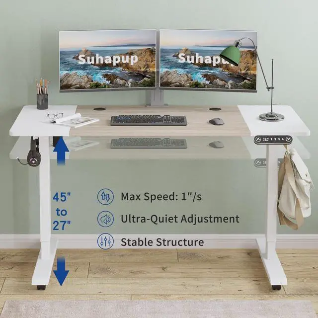 Alt view image 3 of 6 - Suhapup Electric Height Adjustable Standing Desk, 55 x 24 inches Sit - Stand Desk for Work or Home Office Push Button Memory Settings Oak+White Splice Board/White Frame