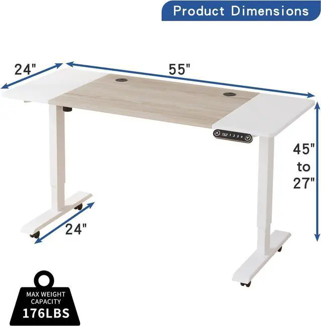 Alt view image 2 of 6 - Suhapup Electric Height Adjustable Standing Desk, 55 x 24 inches Sit - Stand Desk for Work or Home Office Push Button Memory Settings Oak+White Splice Board/White Frame
