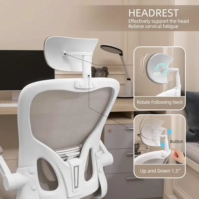 Alt view image 6 of 7 - Monhey Ergonomic Office Chair with Lumbar Support & Headrest & Flip-up Arms Height Adjustable Rocking Home Office Desk Swivel High Back Computer Chair Warm Taupe Mesh Study Chair