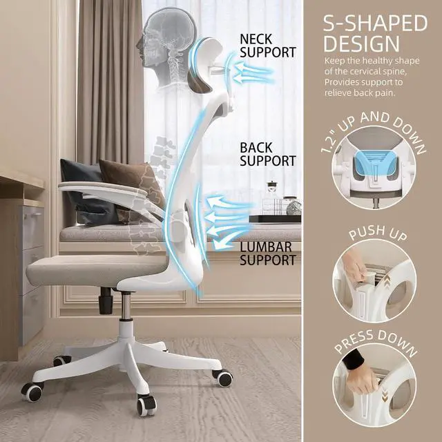 Alt view image 3 of 7 - Monhey Ergonomic Office Chair with Lumbar Support & Headrest & Flip-up Arms Height Adjustable Rocking Home Office Desk Swivel High Back Computer Chair Warm Taupe Mesh Study Chair