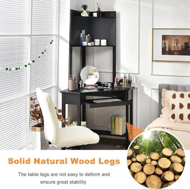 Alt view image 6 of 7 - Tangkula Corner Writing Desk with Hutch, 90 Degrees Triangle Small Space Saving Computer Desk with Keyboard Tray & Bookshelves with Storage Shelves for Bedroom Apartment