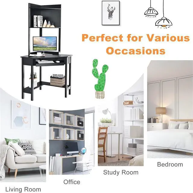 Alt view image 7 of 7 - Tangkula Corner Writing Desk with Hutch, 90 Degrees Triangle Small Space Saving Computer Desk with Keyboard Tray & Bookshelves with Storage Shelves for Bedroom Apartment