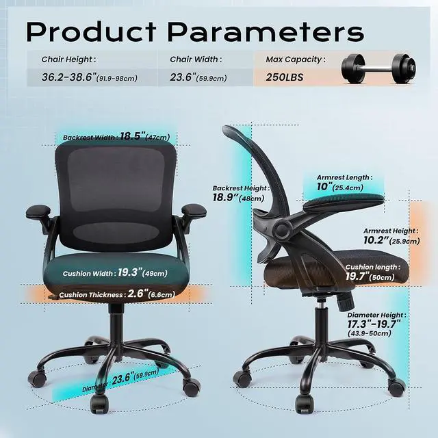 Alt view image 4 of 6 - Office Chair, Ergonomic Desk Chair, Mesh Computer Chair Height Adjustable, Comfy Swivel Task Chair with Wheels and Flip-up Arms