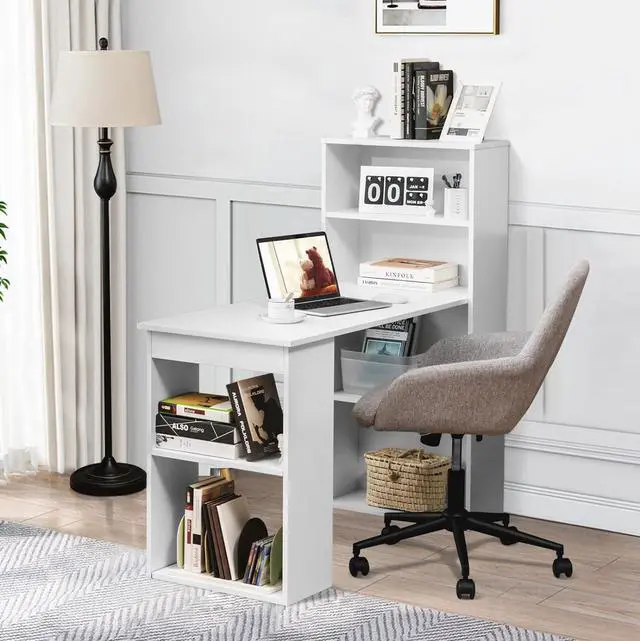 Alt view image 4 of 7 - IFANNY White Computer Desk w/Bookshelf, Modern Home Office Desk w/Storage Shelves & CPU Stand, Space-Saving Design, Compact Corner Computer Workstation for Small Spaces