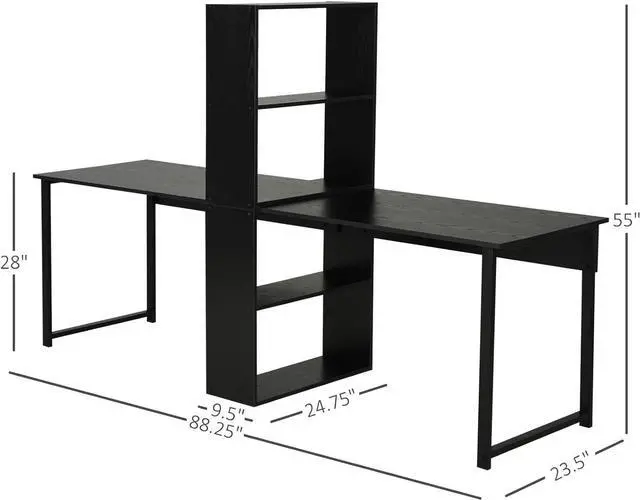 Alt view image 3 of 7 - HOMCOM 88" Extra Long 2-Person Computer Desk with Storage Shelves Combo, Double Workstation Storage Study Writing Table for Home Office, Bookshelf, Black