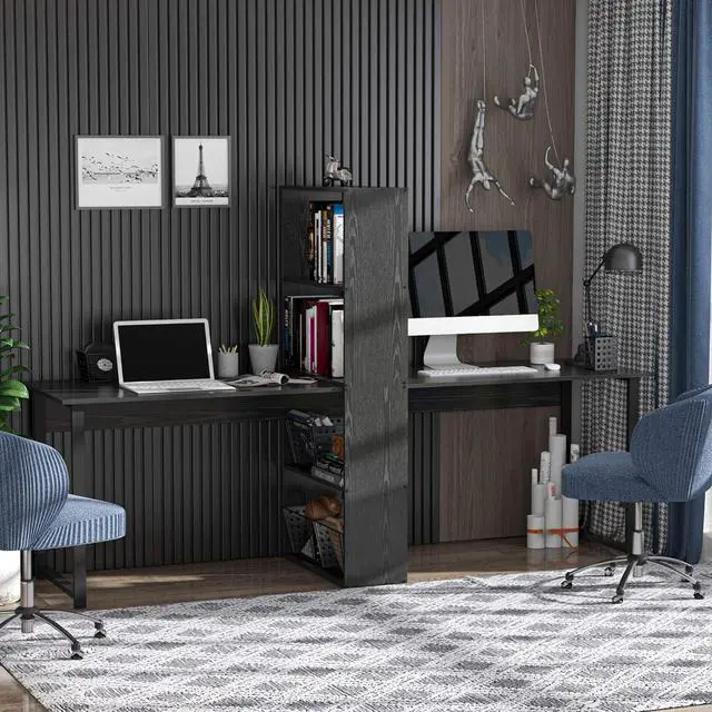 Alt view image 2 of 7 - HOMCOM 88" Extra Long 2-Person Computer Desk with Storage Shelves Combo, Double Workstation Storage Study Writing Table for Home Office, Bookshelf, Black