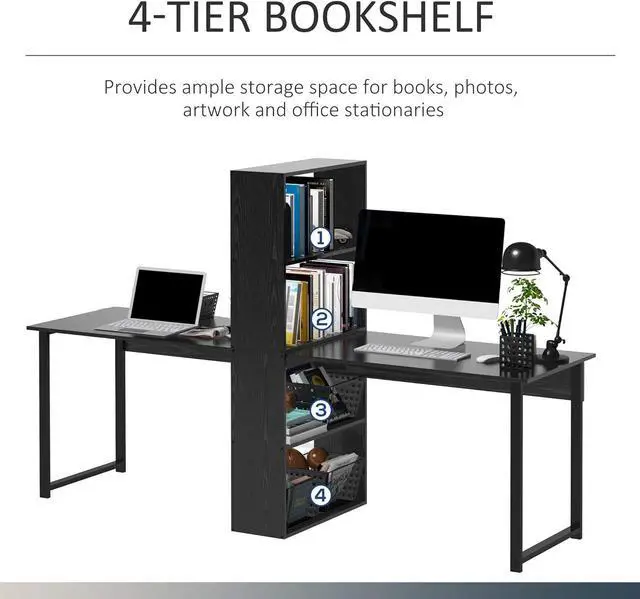 Alt view image 5 of 7 - HOMCOM 88" Extra Long 2-Person Computer Desk with Storage Shelves Combo, Double Workstation Storage Study Writing Table for Home Office, Bookshelf, Black