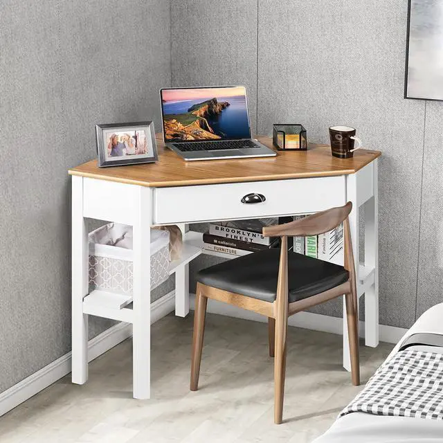 Alt view image 4 of 7 - LDAILY Small Corner Desk, Triangle Makeup Vanity Desk for Small Space, Compact Writing Desk with Storage Shelves & Drawer, Space Saving Corner Computer Desk for Bedroom, Home Office