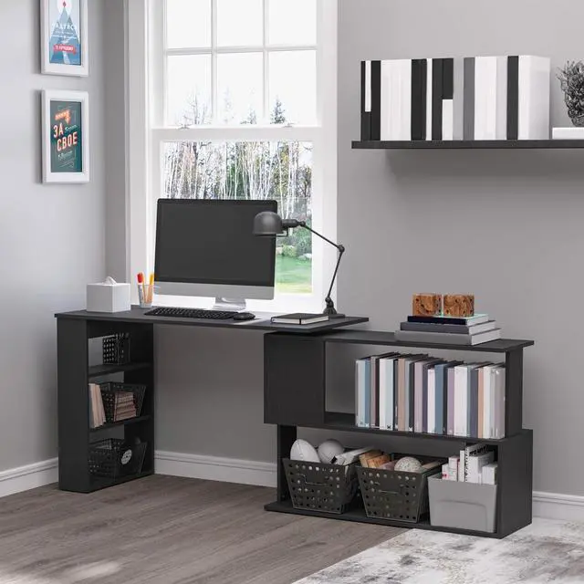 Alt view image 2 of 7 - HOMCOM L Shaped Desk, Corner Computer Desk, 360 Degree Rotating Home Office Desk with Storage Shelves, Writing Table Workstation, Black