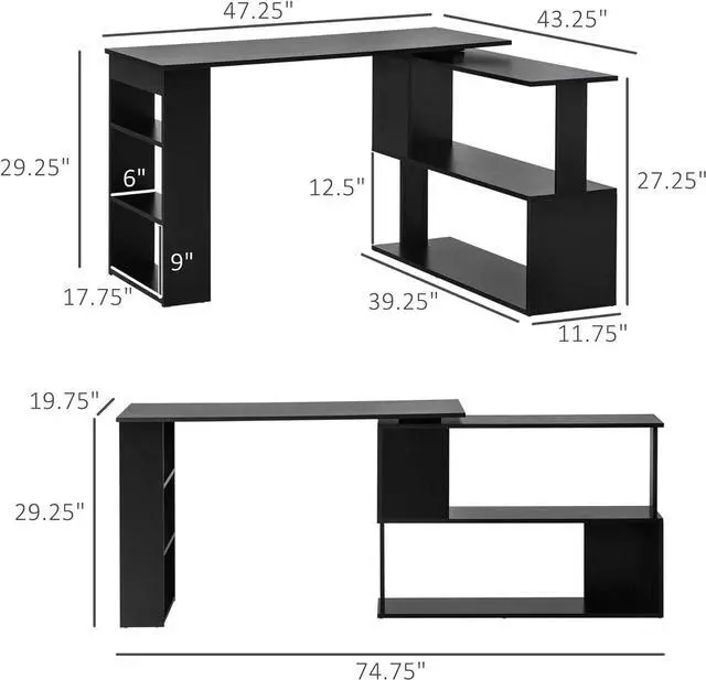 Alt view image 3 of 7 - HOMCOM L Shaped Corner Desk, 360 Degree Rotating Home Office Desk with Storage Shelves, Writing Table Workstation, Black