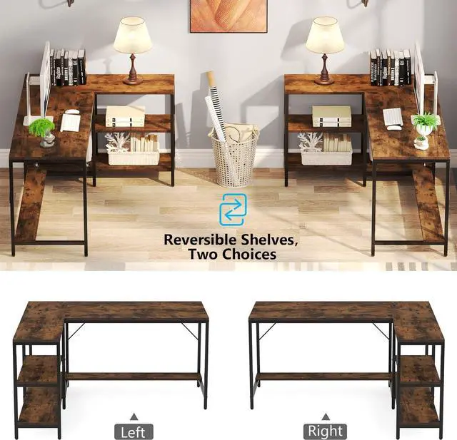 Alt view image 5 of 7 - Tribesigns L Shaped Desk with Storage Shelves, Reversible Computer Desk Gaming Desk for Home Office Workstation, Rustic Brown