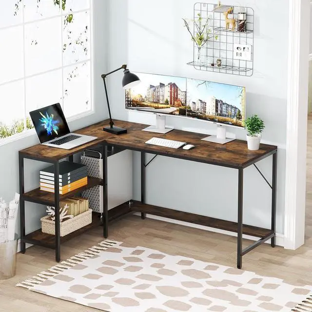 Alt view image 7 of 7 - Tribesigns L Shaped Desk with Storage Shelves, Reversible Computer Desk Gaming Desk for Home Office Workstation, Rustic Brown