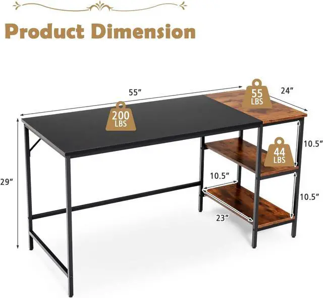 Alt view image 3 of 7 - 55 Computer Desk, PC Laptop Desk with Storage Shelves, Large Computer Desk with Splice Board, Adjustable Foot Pads, Industrial Home Office Desk for Writing, Study, Game (Black)
