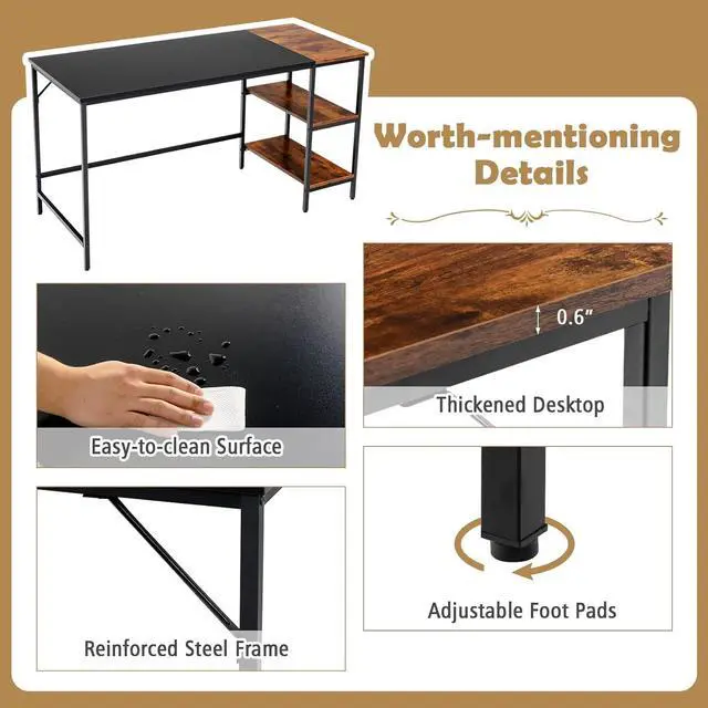 Alt view image 5 of 7 - 55 Computer Desk, PC Laptop Desk with Storage Shelves, Large Computer Desk with Splice Board, Adjustable Foot Pads, Industrial Home Office Desk for Writing, Study, Game (Black)