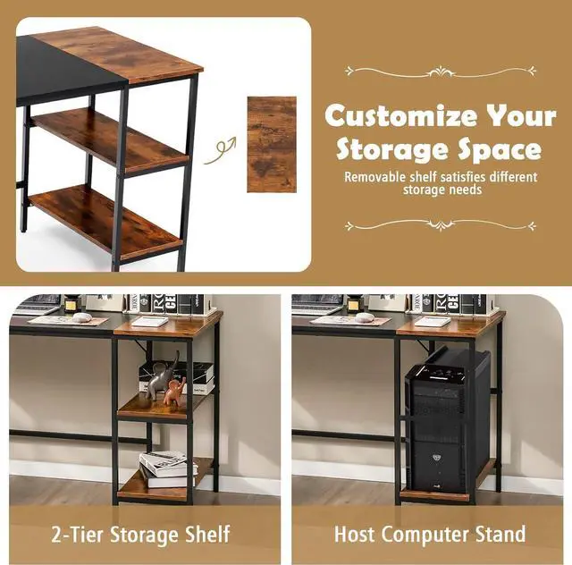 Alt view image 6 of 7 - 55 Computer Desk, PC Laptop Desk with Storage Shelves, Large Computer Desk with Splice Board, Adjustable Foot Pads, Industrial Home Office Desk for Writing, Study, Game (Black)