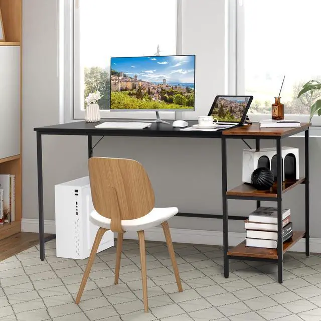 Alt view image 7 of 7 - 55 Computer Desk, PC Laptop Desk with Storage Shelves, Large Computer Desk with Splice Board, Adjustable Foot Pads, Industrial Home Office Desk for Writing, Study, Game (Black)