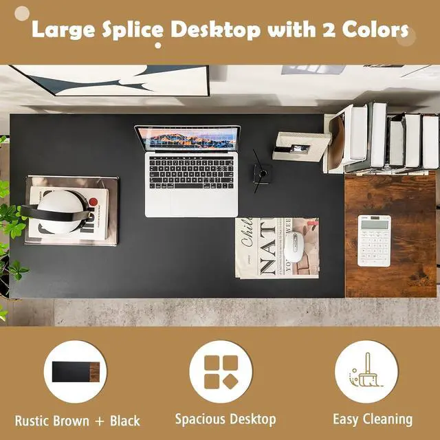 Alt view image 4 of 7 - 55 Computer Desk, PC Laptop Desk with Storage Shelves, Large Computer Desk with Splice Board, Adjustable Foot Pads, Industrial Home Office Desk for Writing, Study, Game (Black)