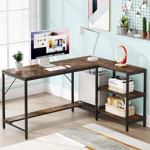 Alt view image 3 of 7 - Tribesigns L Shaped Desk with Storage Shelves, Reversible Computer Desk Gaming Desk for Home Office Workstation, Rustic Brown