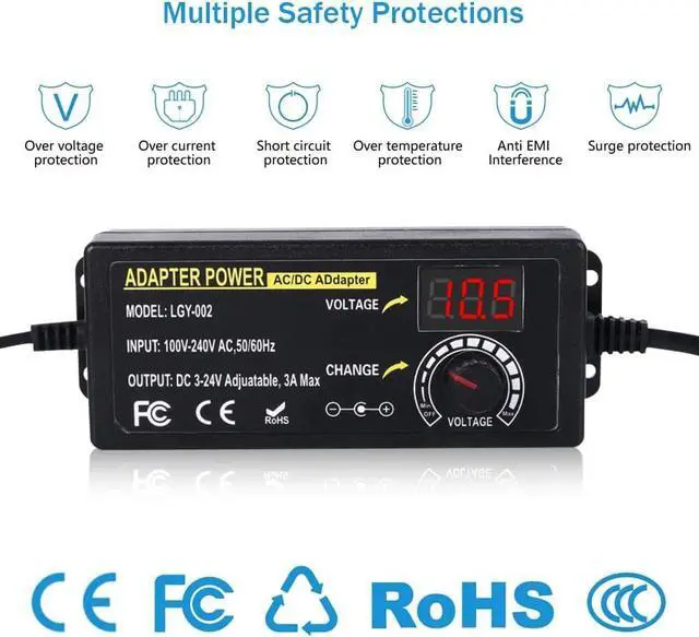 Alt view image 4 of 6 - 72W Power Supply Adjustable DC 3V ~ 24V Variable Universal Switching AC/DC Adapter 100V-240V AC to DC Converter with LED Voltage Display and 14 Tips, for 3V to 24V Household Electronics - 3000mA Max