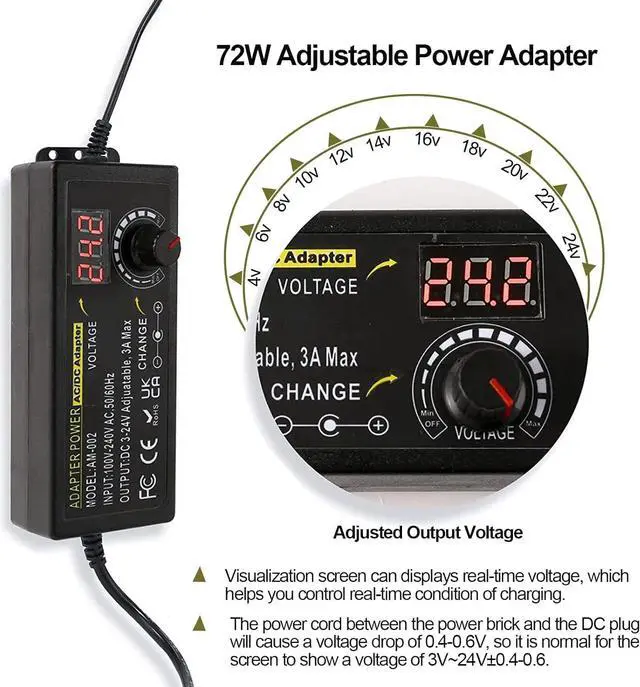 Alt view image 2 of 6 - Universal Power Adapter, Adjustable 3V ~ 24V 3A 72W DC Power Supply, 100V-240V AC to 3V ~ 24V DC Variable Power Supply Converter Transformer with 14 Tips
