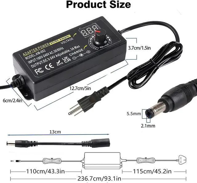Alt view image 4 of 6 - Universal Power Adapter, Adjustable 3V ~ 24V 3A 72W DC Power Supply, 100V-240V AC to 3V ~ 24V DC Variable Power Supply Converter Transformer with 14 Tips
