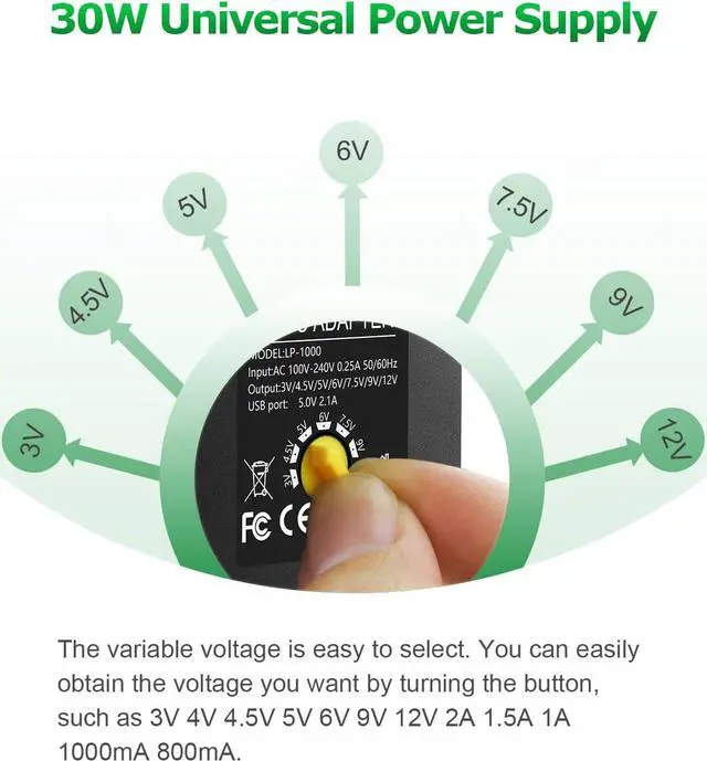 Alt view image 2 of 6 - 30W Universal AC to DC Power Adapter Adjustable Power Supply 3V 4.5V 6V 9V 12V 2A 1A DC Adapter AC 100-240V to DC 3-12V Multi Voltage Switching Power Adapter with 15 Tips + Polarity Converter