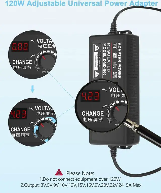 Alt view image 3 of 6 - Aclorol Universal Power Supply 4V-24V 5A 120W Adjustable AC/DC Power Adapter 100-240V AC to DC 24V 19V 12V 5V 9V 6V 5A 4A Mulit-Voltage Variable Switching Converter with Polarity Converter & 14 Tips