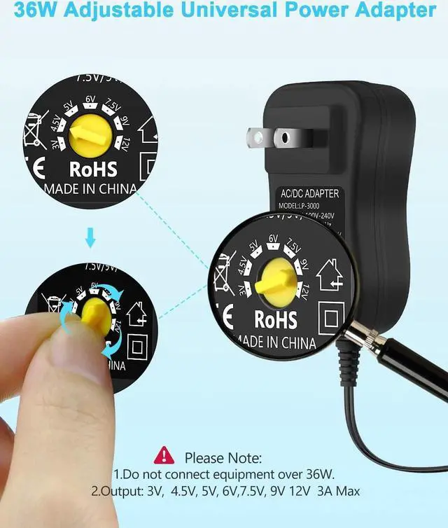 Alt view image 2 of 7 - Aclorol 36W Universal AC/DC Power Adapter 3~12V 3A Adjustable Power Supply 100V-240V AC to DC 3V-12V 9V 7.5V 6V 5V 4.5V 3V 3A 2.5A 2A 1A Converter Switching with Polarity Converter & 14 Tips