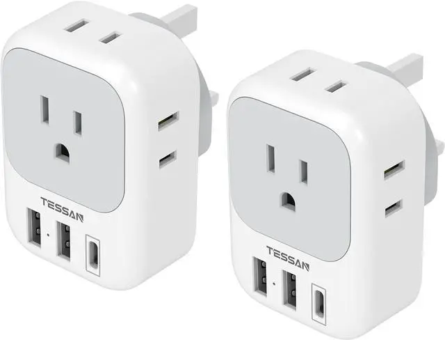 Main image of UK Adapters for Travel 2 Pack, TESSAN Type G US to UK Plug Adapter with 4 Outlets 3 USB Charger(1 USB C Port), Power Adaptor for USA to Ireland Scotland Dubai Hong Kong England British Kenya London