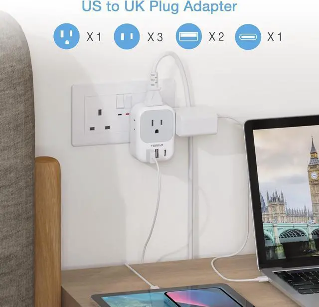 Alt view image 2 of 6 - US to UK Plug Adapter, TESSAN Type G Travel Converter with 3 USB Charger(1 USB C Port), 4 Outlets Power Adaptor for USA to Qatar Ireland Hong Kong England Scotland Kenya Dubai London British