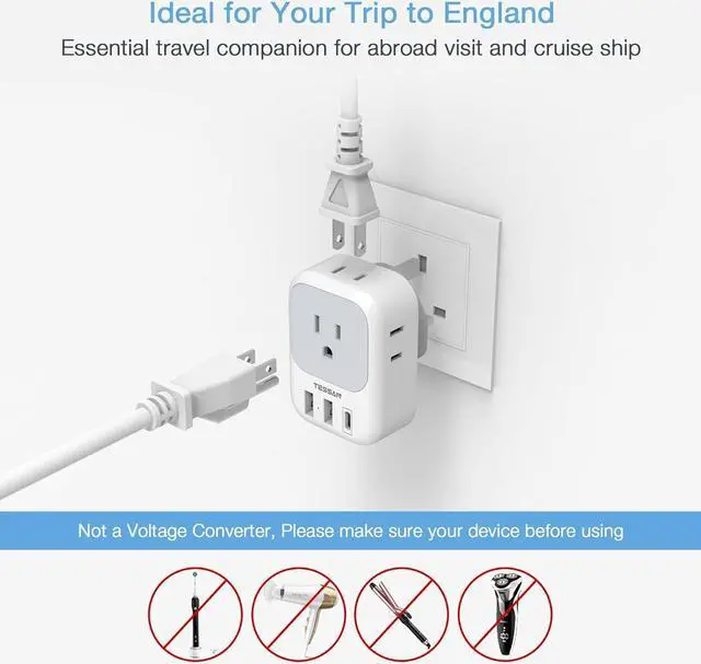 Alt view image 5 of 6 - US to UK Plug Adapter, TESSAN Type G Travel Converter with 3 USB Charger(1 USB C Port), 4 Outlets Power Adaptor for USA to Qatar Ireland Hong Kong England Scotland Kenya Dubai London British