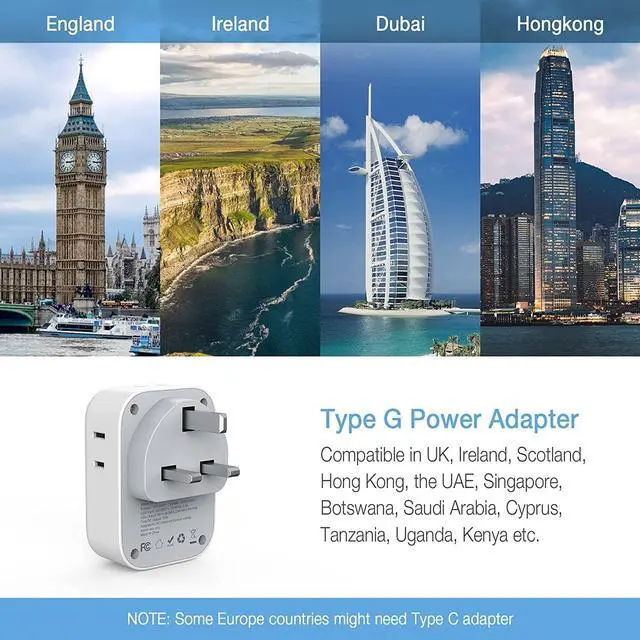 Alt view image 4 of 6 - US to UK Plug Adapter, TESSAN Type G Travel Converter with 3 USB Charger(1 USB C Port), 4 Outlets Power Adaptor for USA to Qatar Ireland Hong Kong England Scotland Kenya Dubai London British