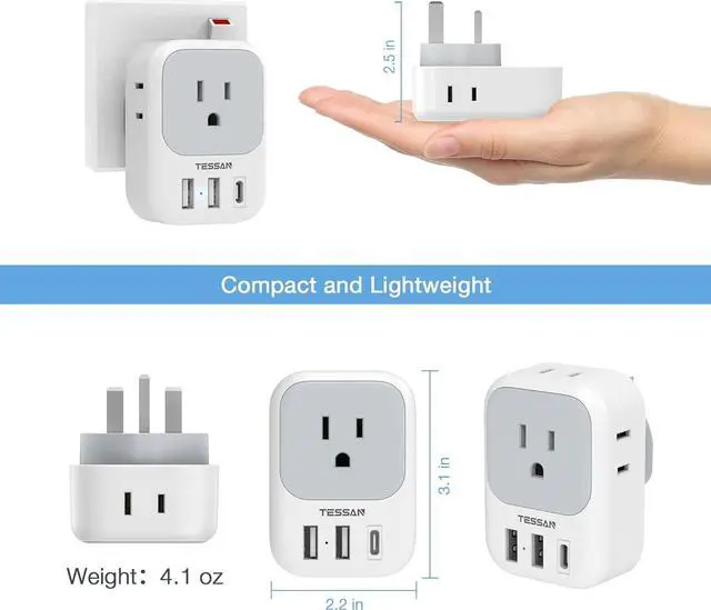 Alt view image 6 of 6 - US to UK Plug Adapter, TESSAN Type G Travel Converter with 3 USB Charger(1 USB C Port), 4 Outlets Power Adaptor for USA to Qatar Ireland Hong Kong England Scotland Kenya Dubai London British