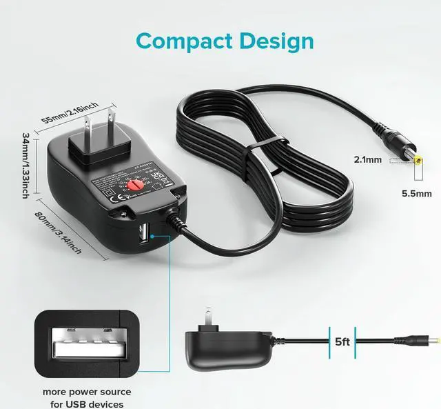 Alt view image 4 of 7 - Powseed 6V 9V 12V 15V 18V 20V 24V DC Power Supply Universal AC Adapter 5V 1A USB Charger for Electronics LED Strip Light CCTV Camera Router Lamp, with 10 Connectors USB C Micro USB, 41W Max