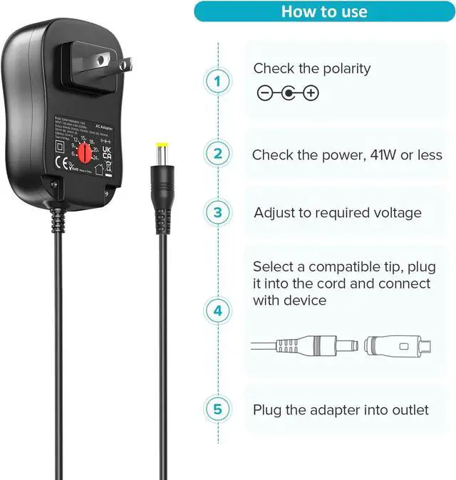 Alt view image 7 of 7 - Powseed 6V 9V 12V 15V 18V 20V 24V DC Power Supply Universal AC Adapter 5V 1A USB Charger for Electronics LED Strip Light CCTV Camera Router Lamp, with 10 Connectors USB C Micro USB, 41W Max