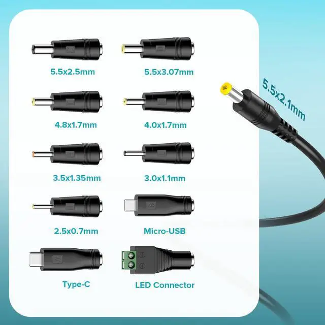 Alt view image 3 of 7 - Powseed 6V 9V 12V 15V 18V 20V 24V DC Power Supply Universal AC Adapter 5V 1A USB Charger for Electronics LED Strip Light CCTV Camera Router Lamp, with 10 Connectors USB C Micro USB, 41W Max