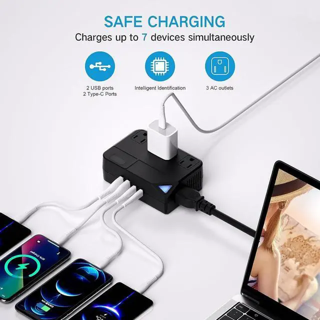 Alt view image 2 of 6 - Universal 100V-220V Travel Converter, 250W Travel Voltage Converter for curlers, straighteners, Chargers, Power Plugs with 2 USB 2 Type-c Charging Ports and 3 AC Plugs, Including A,C,D,G,I,L Type