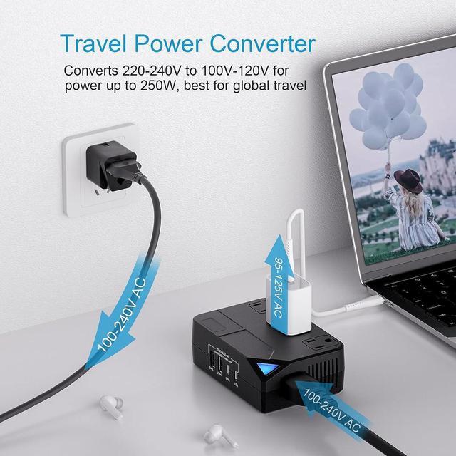 Universal 100V-220V Travel Converter, 250W Travel Voltage Converter for  curlers, straighteners, Chargers, Power Plugs with 2 USB 2 Type-c Charging  Ports and 3 AC Plugs, Including A,C,D,G,I,L Type 