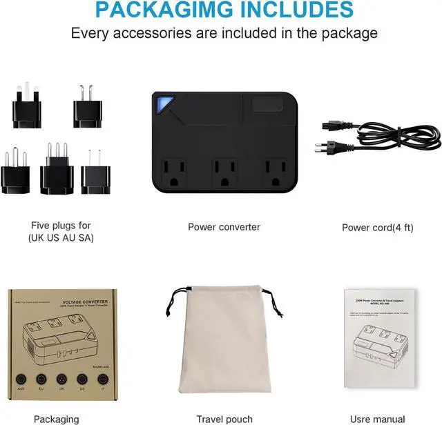 Alt view image 4 of 6 - Universal 100V-220V Travel Converter, 250W Travel Voltage Converter for curlers, straighteners, Chargers, Power Plugs with 2 USB 2 Type-c Charging Ports and 3 AC Plugs, Including A,C,D,G,I,L Type