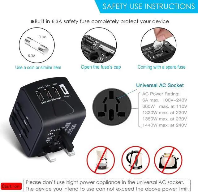 Alt view image 5 of 7 - International Travel Adapter, All in One Power Adapter with High Speed 3 USB & Type C Travel Charger,European Adapter, Universal AC Outlet Plugs for EU UK AU US Asia 200+ Countries, Black