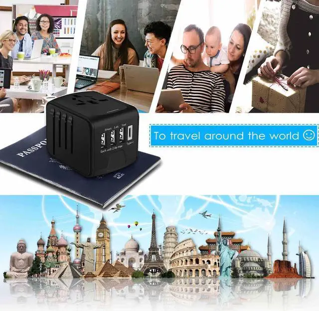 Alt view image 7 of 7 - International Travel Adapter, All in One Power Adapter with High Speed 3 USB & Type C Travel Charger,European Adapter, Universal AC Outlet Plugs for EU UK AU US Asia 200+ Countries, Black
