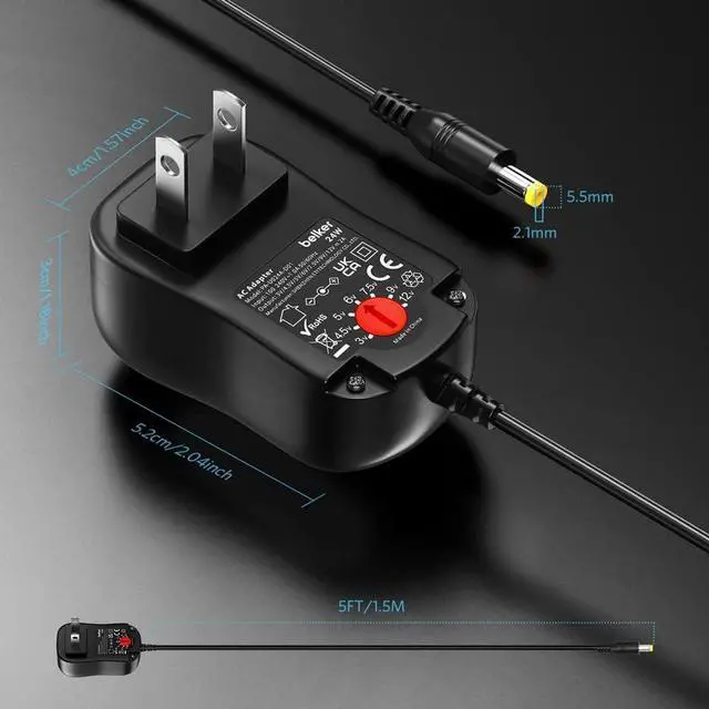 Alt view image 5 of 7 - 24W Universal AC/DC Adapter Multi-Voltage Regulated Switching Power Supply with 9 Selectable Adapter Plugs for 3V 4.5V 5V 6V 7.5V 9V 12V Household Electronics - 2Amps Max.