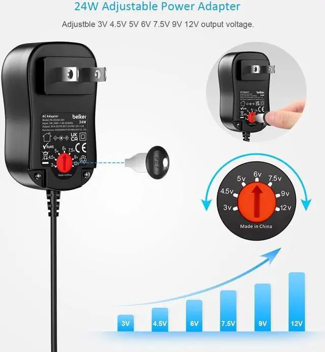 Alt view image 4 of 7 - 24W Universal AC/DC Adapter Multi-Voltage Regulated Switching Power Supply with 9 Selectable Adapter Plugs for 3V 4.5V 5V 6V 7.5V 9V 12V Household Electronics - 2Amps Max.