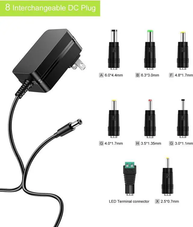 Alt view image 2 of 6 - 12V 2A Power Adapter AC Power Supply Cord 12 Volts 2 Amps Regulated Switching Charger with 8 Interchangeable DC Plug for 2000mA 1500mA 1000mA 900mA 850mA 800mA 700mA 600mA 500mA Equipment