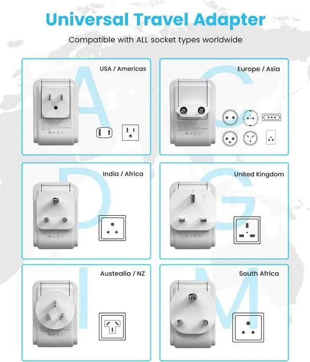 Alt view image 2 of 6 - Universal Travel Adapter Kit, VINTAR International Plug Adapter with 3 USB Ports(2 USB C, 3.4A) & 2 American Outlets, Type A,C,G,D,I,M Swap&Adapt Attachments, Adapter for US/EU/UK/India/AUS/Africa