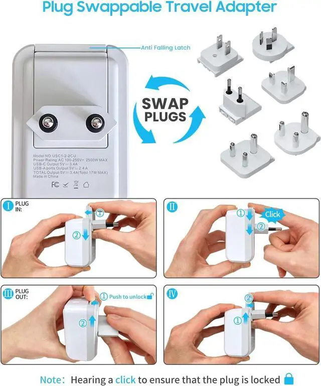 Alt view image 5 of 6 - Universal Travel Adapter Kit, VINTAR International Plug Adapter with 3 USB Ports(2 USB C, 3.4A) & 2 American Outlets, Type A,C,G,D,I,M Swap&Adapt Attachments, Adapter for US/EU/UK/India/AUS/Africa